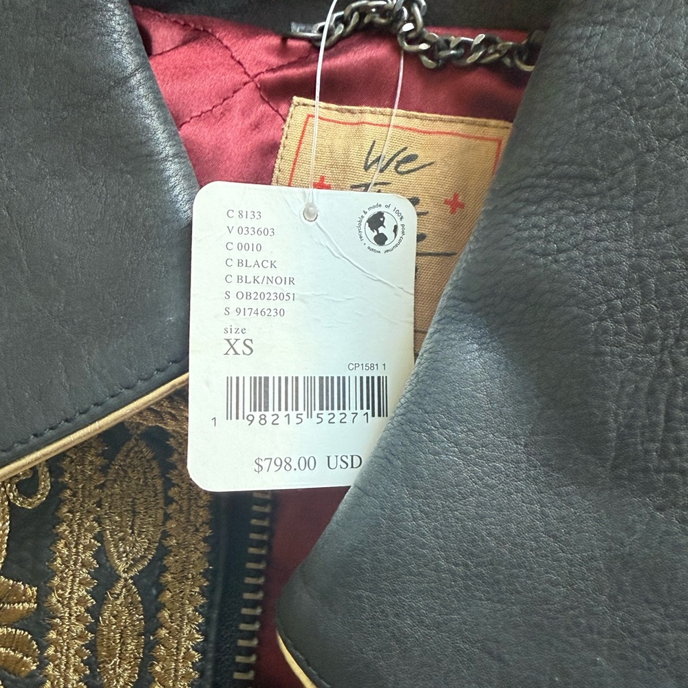 Sold Out We The Free People Lana Black and Gold Leather Jacket Embroidery XS - Picture 6 of 7